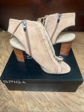 Via Spiga Tan Suede Open-Toe Block Heel Sandals